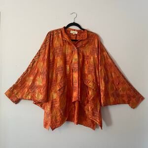 Kantha Bae Orange Metallic Gold Button Down Shirt Flow Oversized Women Free Size